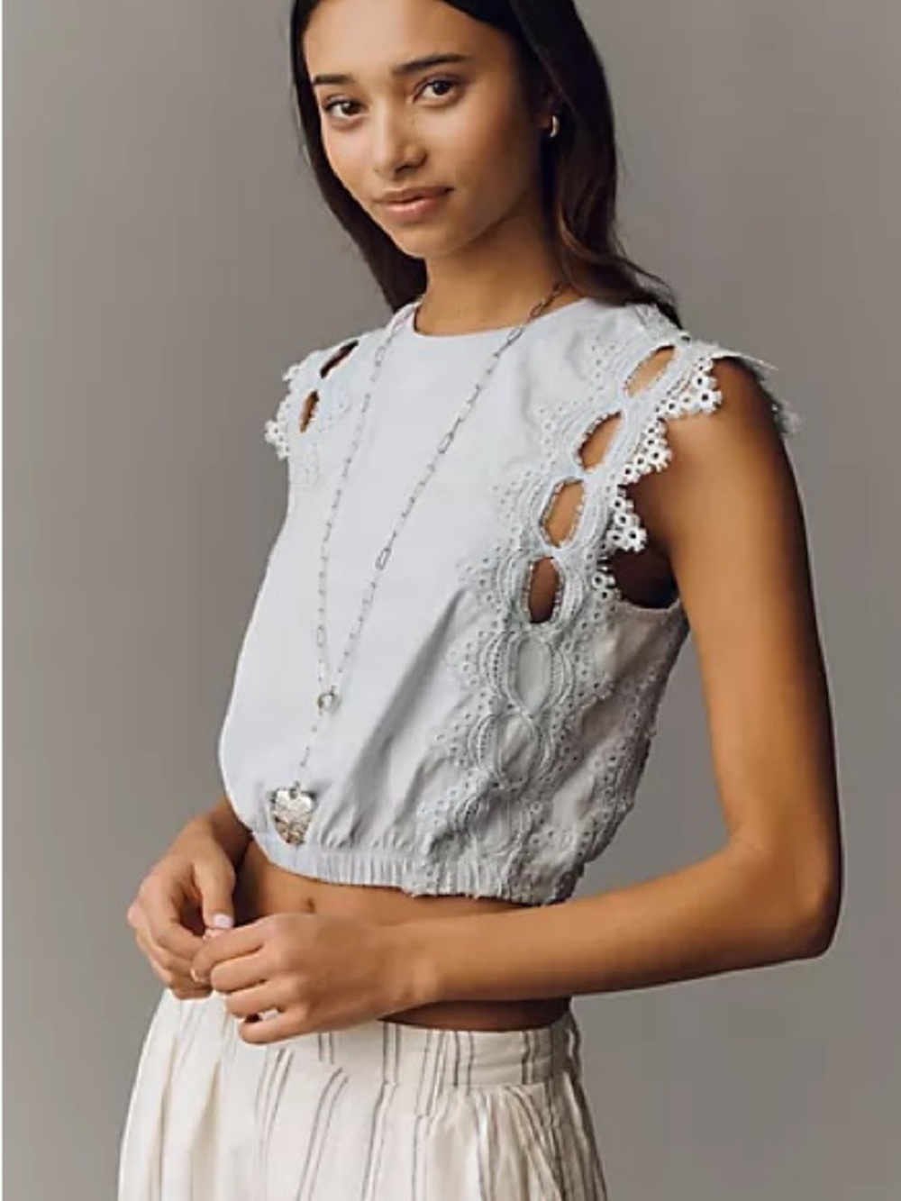 NWT Anthropologie Ollari Lace Trim Cutout Bubble Top Duck Egg Small
